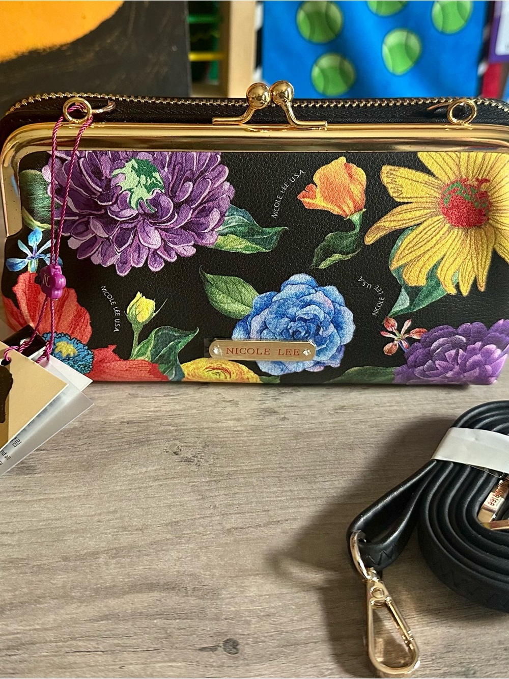Nicole Lee Black Floral Frame Clutch with Gold Hardware